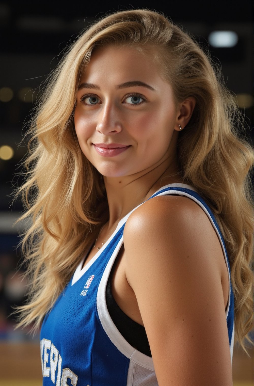 ((Generate hyper realistic full body portrait of  captivating scene featuring a stunning 20 years old girl,)) ((semi side view,)) with medium long blonde hair, flowing curls, little smile, donning a blue basketball  jersey, studio lighting,  piercing, blue eyes, photography style , Extremely Realistic,  ,photo, action shot