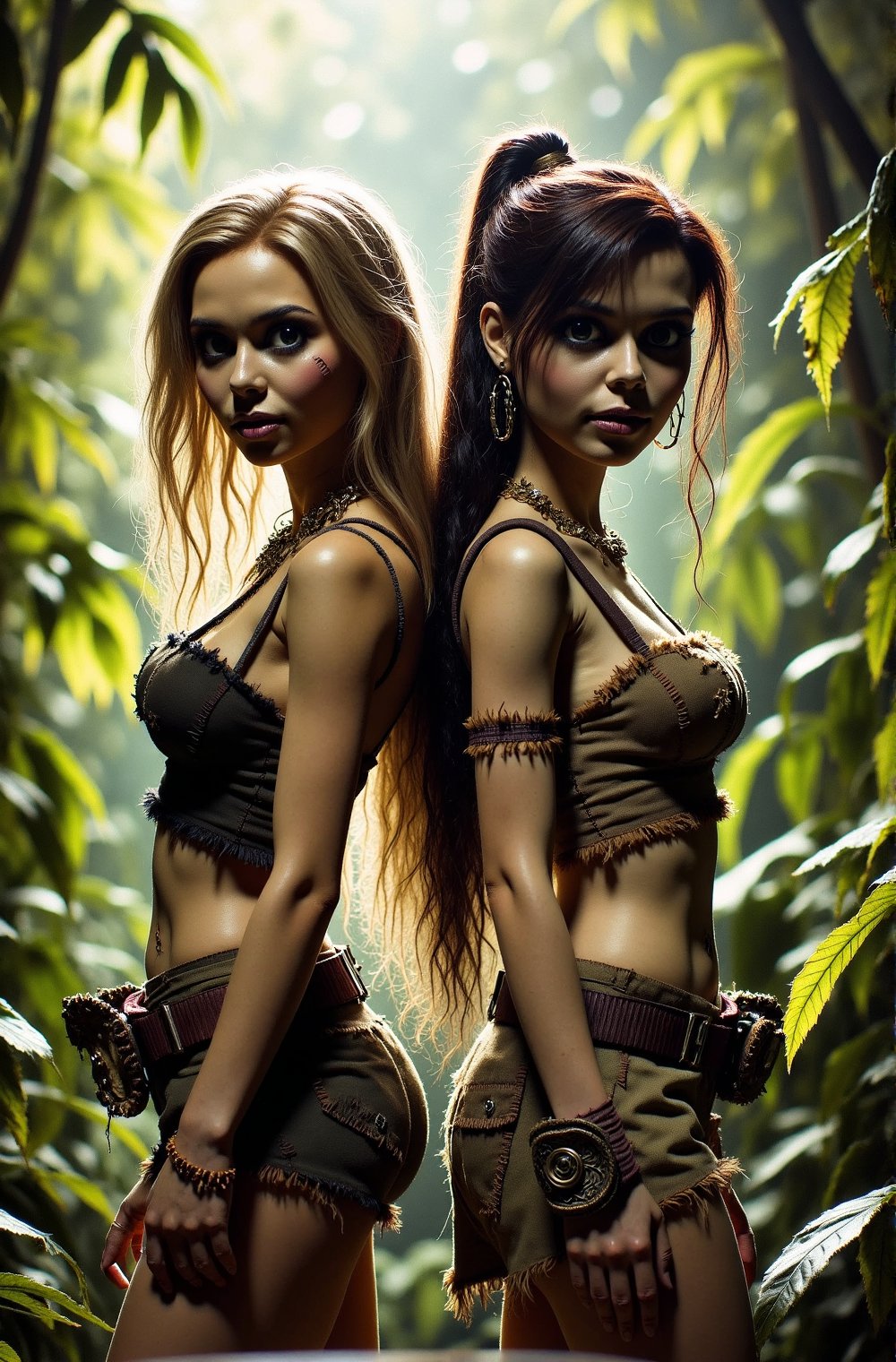 Two women, one blonde and the other brunette, standing back-to-back in a lush jungle setting. They are both dressed in very sensual explorer outfits: tight, revealing shorts, crop tops, and utility belts, with boots that add to their adventurous look. The blonde has long, flowing hair, while the brunette has her dark hair in a sleek ponytail. Both women are looking forward with confident, intense expressions, as if ready for danger. The jungle around them is dense and vibrant, with shafts of sunlight filtering through the trees, creating a sense of mystery and adventure, creepy, doll




