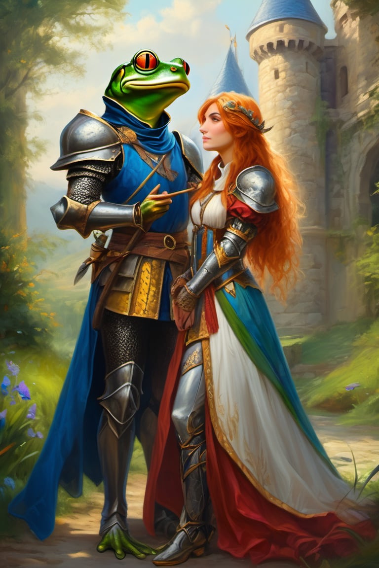 (two persons: anthropomorphic frog knight and human sorceress:1.4). (hyper realistic painterly oil painting, skillfully refined textures, depth, with attention to the small details, hyperdetalied, handdrawn, intricate, masterful drawing:1.4), (realistic proportions:1.4), (stunning composition, detalied, masterful work with shadows and depth:1.4). (full height, whole body:1.4) (gorgeous castle background:1.4), (colorful with thin black outline:1.4). (handsome, cute, slim, anthropomorphic, tall, graceful, charismatic, charming, athletic, frog, earth toad knight and human sorceress:1.4) (lovely hugging beautiful human sorceress:1.4). (well figured, detailed human-like hands, accurate palm, flawless hands, neat fingers:1.4). (anatomically correct:1.4) (with face eyebrow mimics and emotions:1.4), (golden eye iris:1.4), (dynamic gestures:1.4), (dynamic facial expression of love:1.4). (human-like proportions:1.4). (wearing elite knight heavy armor and long pants:1.4) romantism holding ideal hands