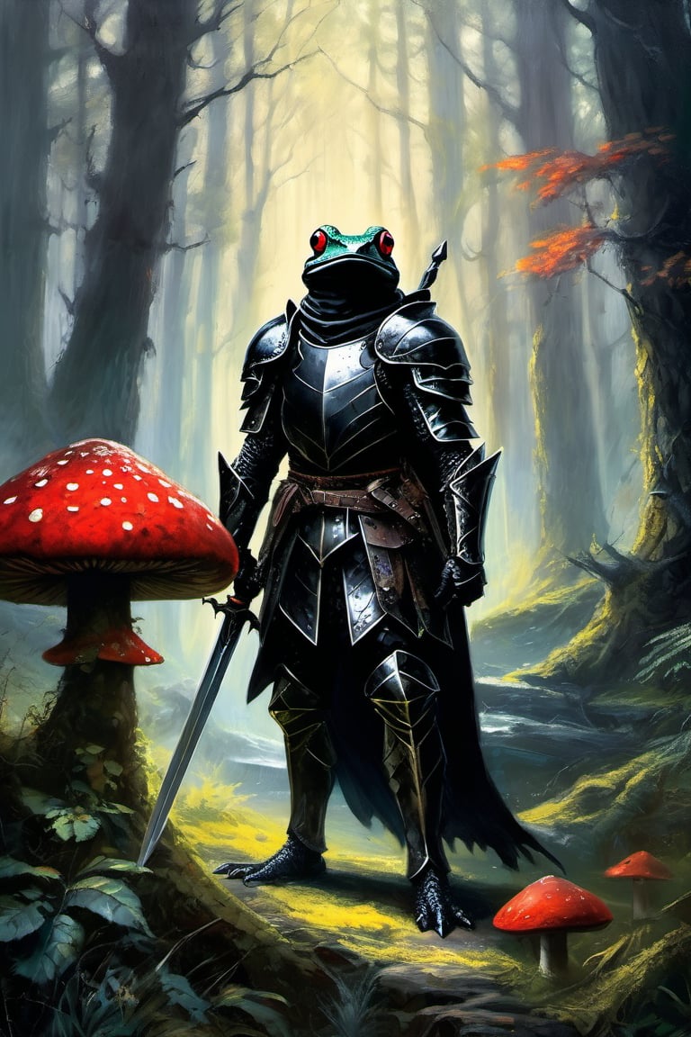 Dark fantasy, hyper detailed, oil painting of the slim, athletic, frog-knight in heavy black armor. Frog knight have sharp, extended, triangular upper eyelids, wide head, intense red eyes with a piercing gaze, dark and textured skin with a rugged appearance. The frog-knight has a dramatic, almost mythical expression, and appears in a dimly lit, moody forest setting. (detailed, hands and feet with correct anatomy:1.4). Wielding enchanted, unique, magic, broad black sword. Shadows and lighting emphasize the knight-frog's horns and textured skin, giving it a mysterious and otherworldly presence. The background is a mythical forest with giant mushrooms and evil castle. Mid shot, full height, whole body.