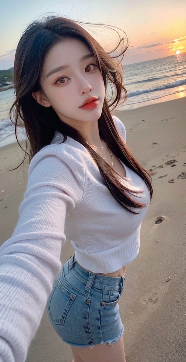 xxmix_girl,a woman takes a fisheye selfie on a beach at sunset, the wind blowing through her messy hair. The sea stretches out behind her, creating a stunning aesthetic and atmosphere with a rating of 1.2.,xxmix girl woman, futanari, close up, fisheye selphie, ,Hayoon,Narin