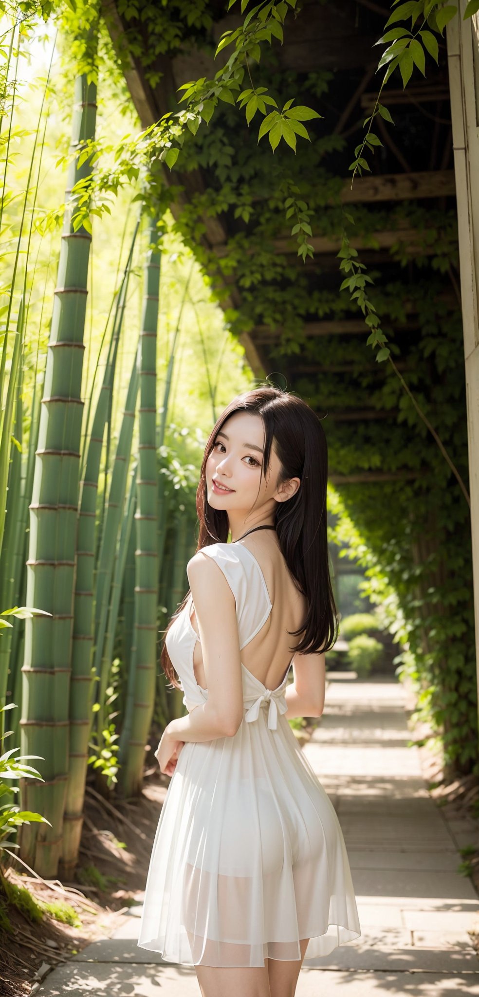 This photo, likely taken by a contemporary artist, shows a woman wearing an exquisite backless white tulle dress. The composition is very balanced. Shot from an elevated angle, the woman's position is slightly off-center. She gazes back with a smile, bathed in natural light filtering through a tunnel of towering, dense bamboo groves. The background is a dense bamboo forest, creating a tranquil and mysterious atmosphere. Sunlight passes through the leaves, casting dreamlike beams of light that highlight the quiet atmosphere and the texture of the plants. The overall scene evokes a sense of calm and connection with nature.