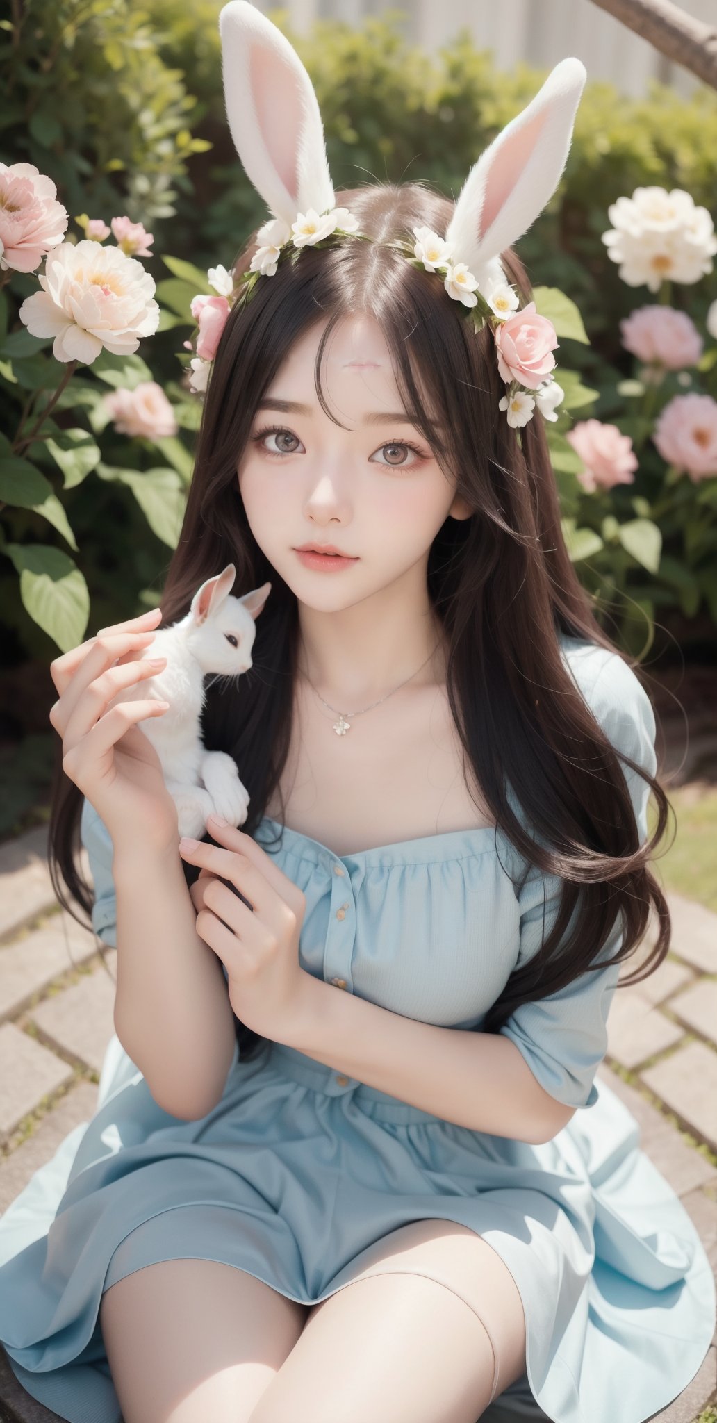 (8K UHD), 1girl, Alice in Wonderland Cosplayer, Cute Young Girl, Random Color eyes, 21 years old, Jailbeit girl, Beautiful face, She is holding a stuffed rabbit with floppy ears in her hand, look at viewer, Never ending flower (dynamic angle, dynamic pose)