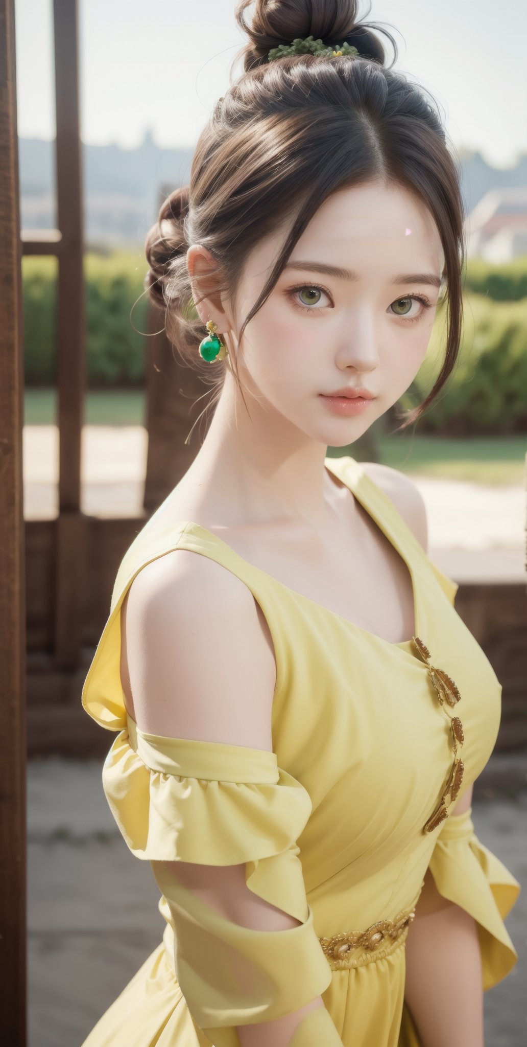 (Masterpiece:1.1), (Photorealistic:1.1), (8K resolution:1.1), (Ultra High Quality, Incredibly Detailed, Perfect anatomy, RAW), 1girl, hair bun, medieval mood, green earrings, yellow dress, 