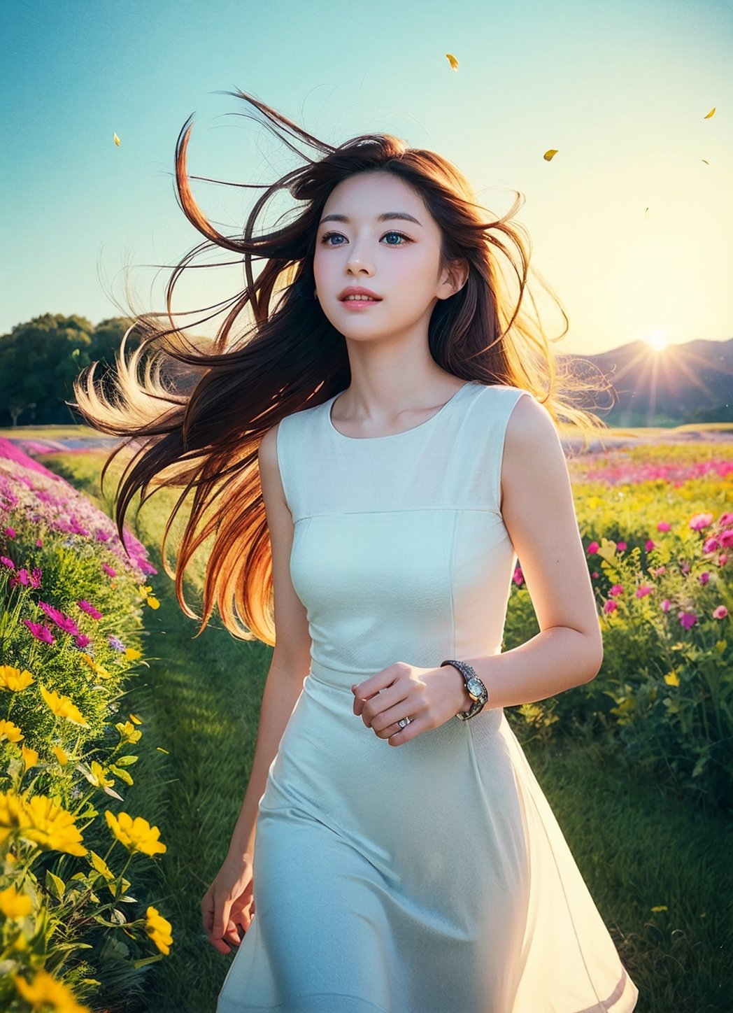 A dreamy girl in a short dress is looking up at the sky while walking through a field of wild flowers, with a breeze blowing during sunset, wind blown long hair, wind blown flower petals everywhere, watercolor illustration, anime style of a 19 years old girl with sparkling blue eyes and a gentle smile Portrait,Eunji