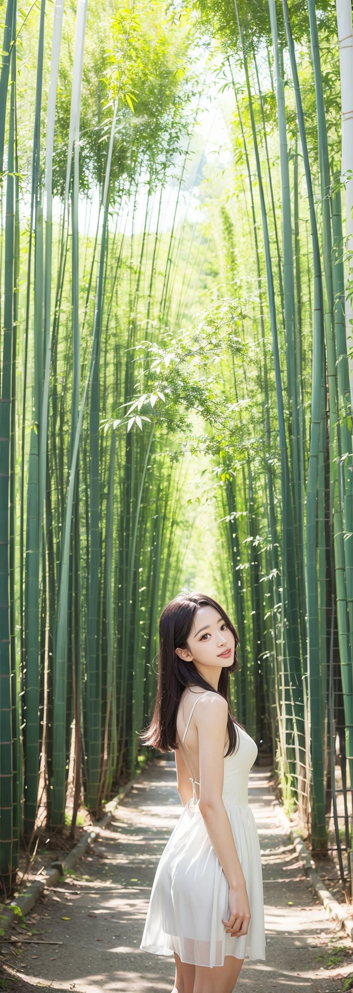 This photo, likely taken by a contemporary artist, shows a woman wearing an exquisite backless white tulle dress. The composition is very balanced. Shot from an elevated angle, the woman's position is slightly off-center. She gazes back with a smile, bathed in natural light filtering through a tunnel of towering, dense bamboo groves. The background is a dense bamboo forest, creating a tranquil and mysterious atmosphere. Sunlight passes through the leaves, casting dreamlike beams of light that highlight the quiet atmosphere and the texture of the plants. The overall scene evokes a sense of calm and connection with nature.