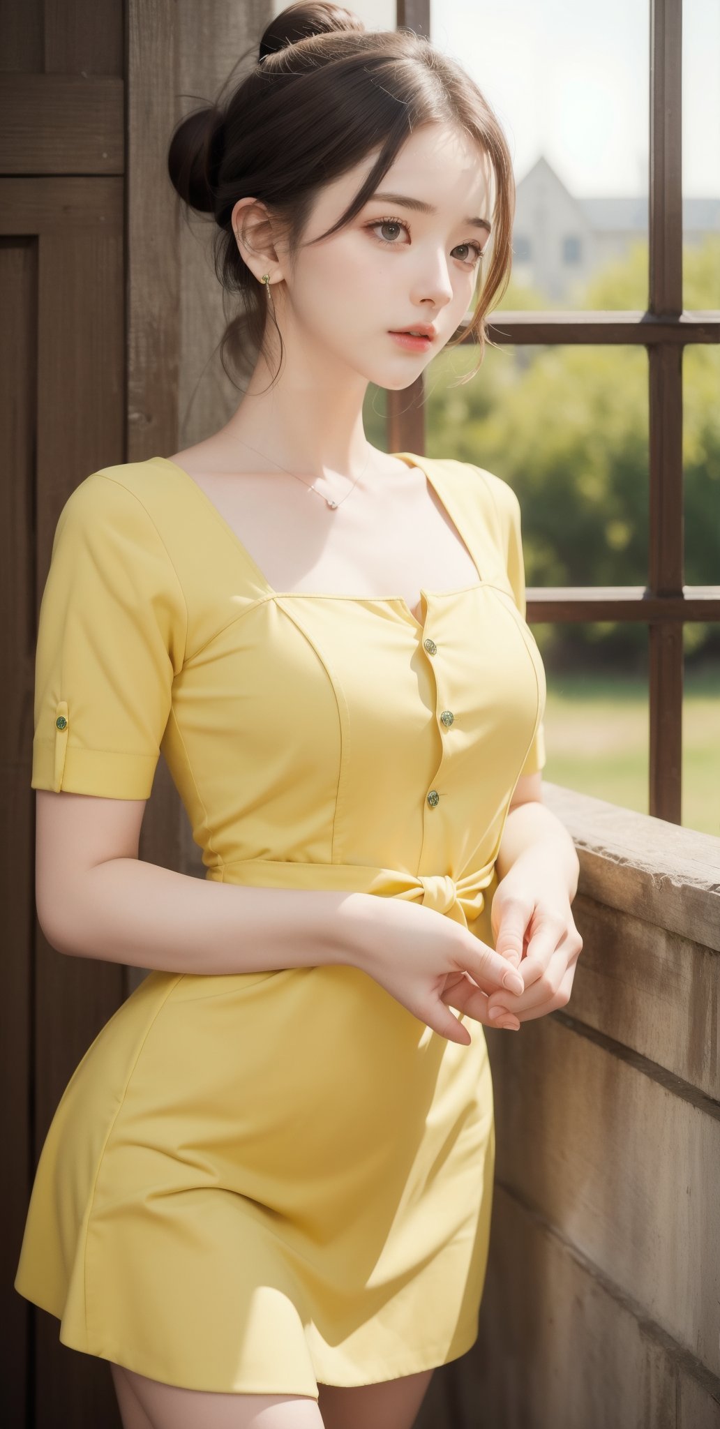 (Masterpiece:1.1), (Photorealistic:1.1), (8K resolution:1.1), (Ultra High Quality, Incredibly Detailed, Perfect anatomy, RAW), 1girl, hair bun, medieval mood, green earrings, yellow dress, 