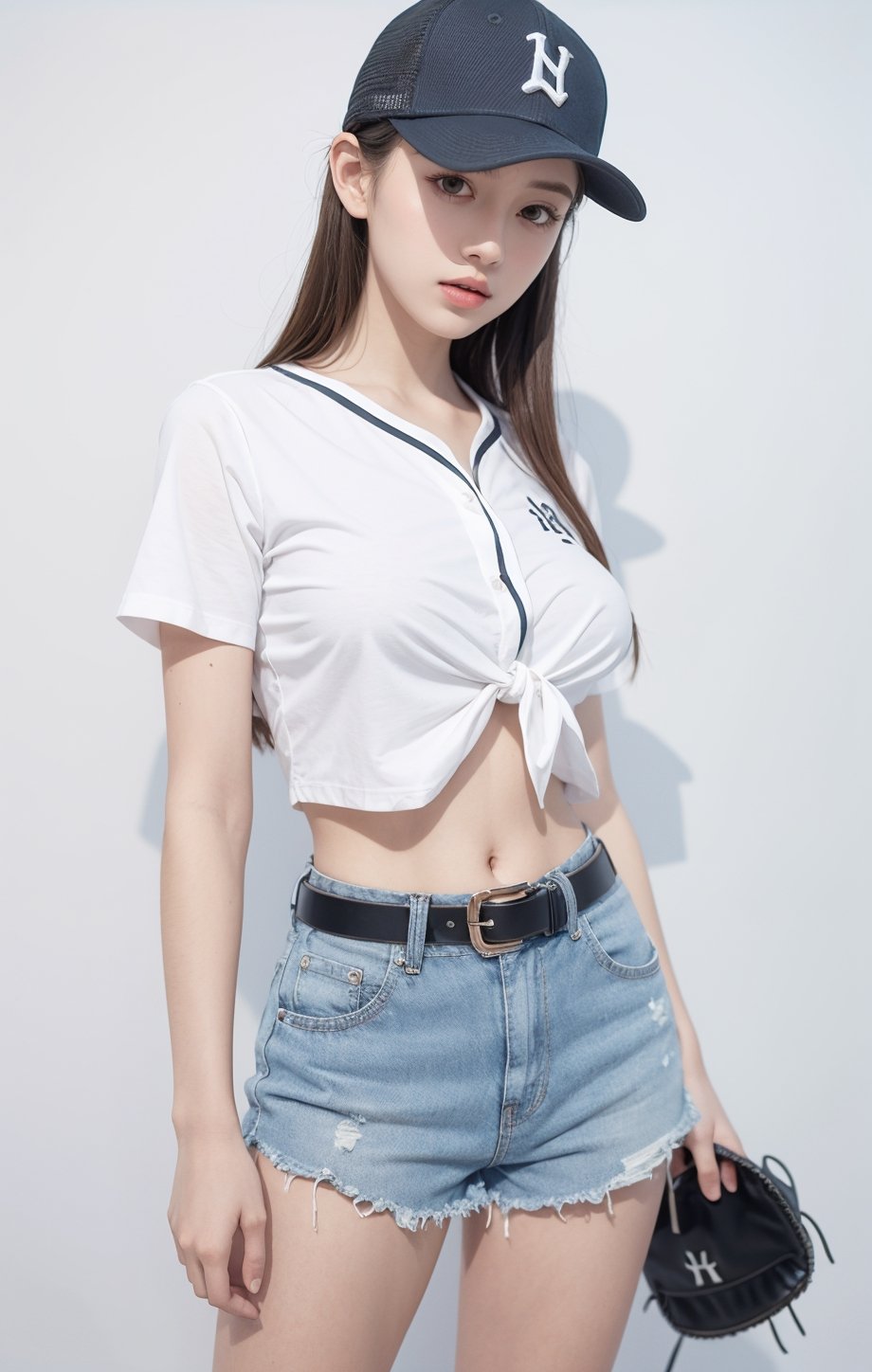 (Best Quality), (Masterpiece), (High), Illustrated, Original, Very Detailed, 1 Girl, Solo, Hat, Shorts, Big breast,long Hair, Whistle, Long Legs, Wrist Straps, Baseball Hat, Navel, Long Hair, Abdomen, Shorts, Belt, Shirt, Hand on Hips, Lips, White Shorts, White Background, Blue Long Legs, Looking at the Audience, Tie Shirt, Simple Background