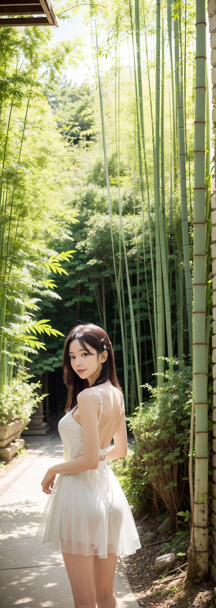 This photo, likely taken by a contemporary artist, shows a woman wearing an exquisite backless white tulle dress. The composition is very balanced. Shot from an elevated angle, the woman's position is slightly off-center. She gazes back with a smile, bathed in natural light filtering through a tunnel of towering, dense bamboo groves. The background is a dense bamboo forest, creating a tranquil and mysterious atmosphere. Sunlight passes through the leaves, casting dreamlike beams of light that highlight the quiet atmosphere and the texture of the plants. The overall scene evokes a sense of calm and connection with nature.