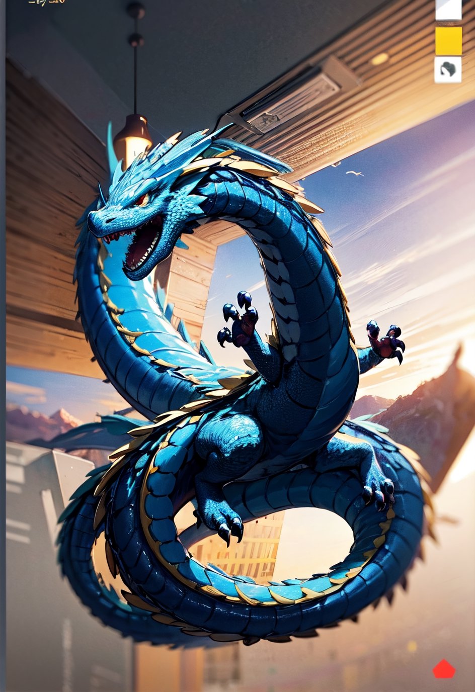 Cute asian dragon flying in the sky flying in the sky,Asian blue dragon flying across the vast ocean horizon, epic daylight, solo, dynamic angle,aw0k euphoric style, Text(“Welcome 2024”) is written in gold at the top left of the screen.,Cutetoo