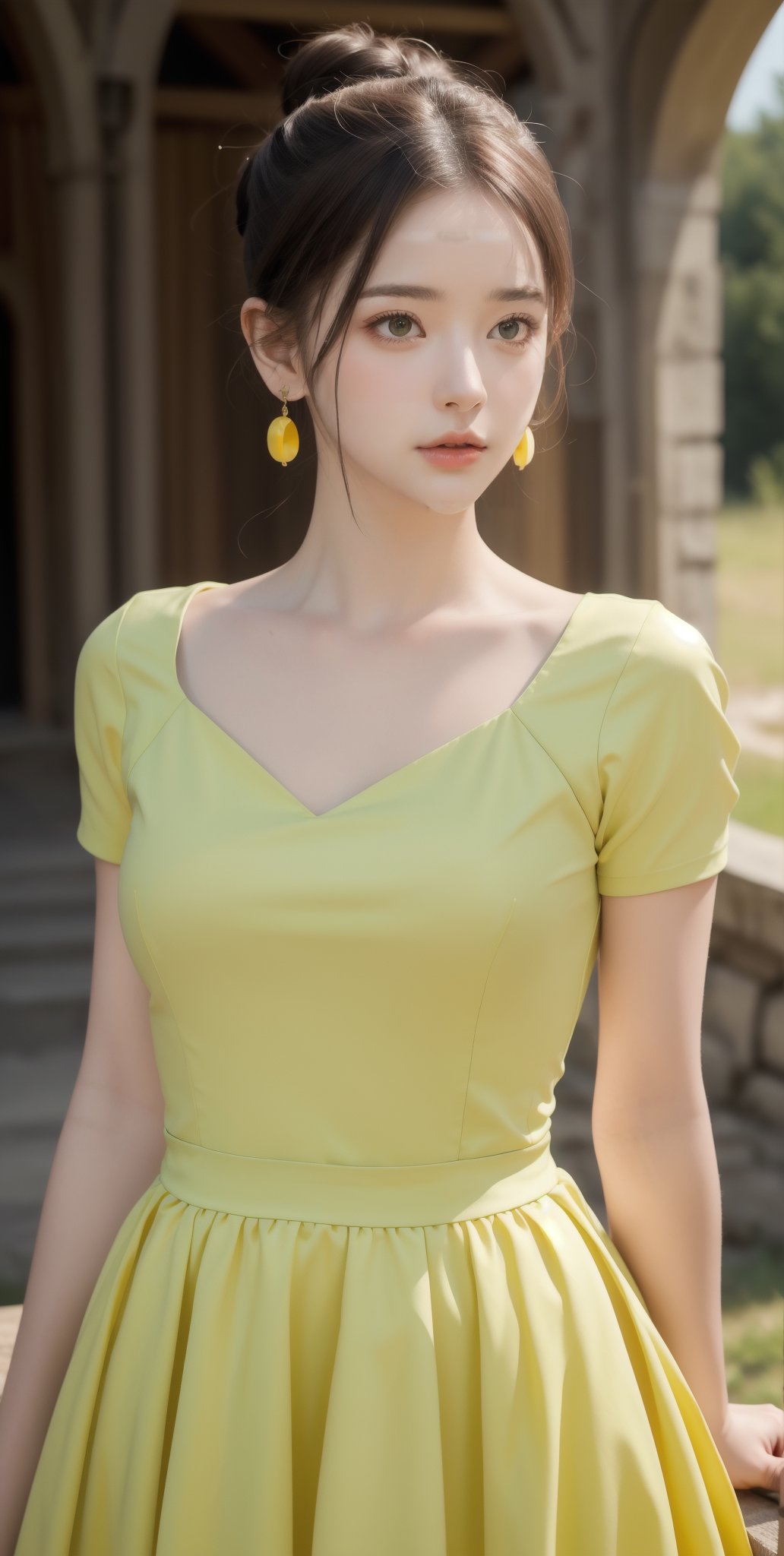 (Masterpiece:1.1), (Photorealistic:1.1), (8K resolution:1.1), (Ultra High Quality, Incredibly Detailed, Perfect anatomy, RAW), 1girl, hair bun, medieval mood, green earrings, yellow dress, 