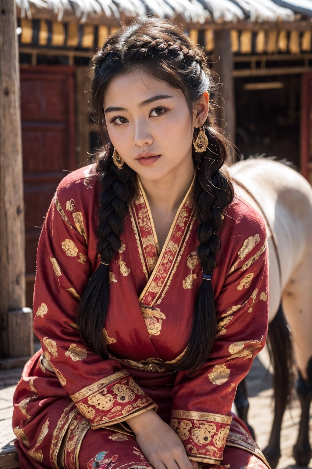 a beautiful traditional ancient portrait of an attractive asian woman, high resolution image, fair skin, (twin black braided hair), round face, (red rosy cheeks), chubby, plump, female model wearing (traditional tibetan clothing), big breasts, thick arms, female model with a relaxed pose, many mongolian yurts in the steppes, next to a horse in the steppes, Detailedface,realhands,More Detail