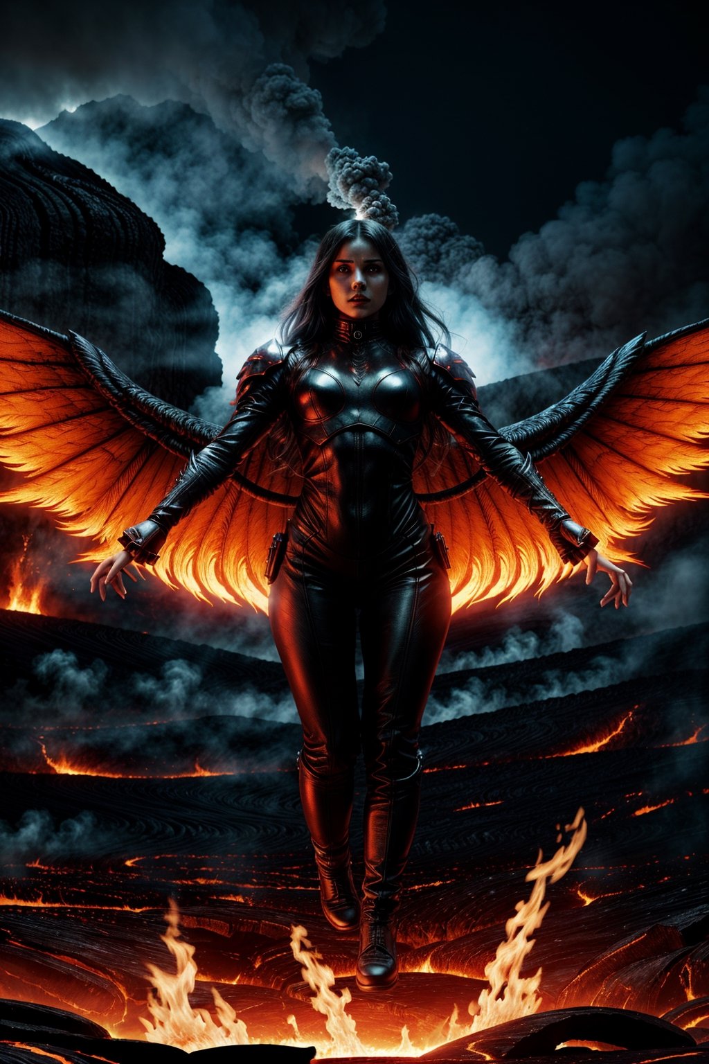 female humanoid entity, with demon wings, levitating in the air, surrounded by lava and smoke, graphic novel style, colorized, Robert Kirkman, perspective rendering, fine and detailed, 8k