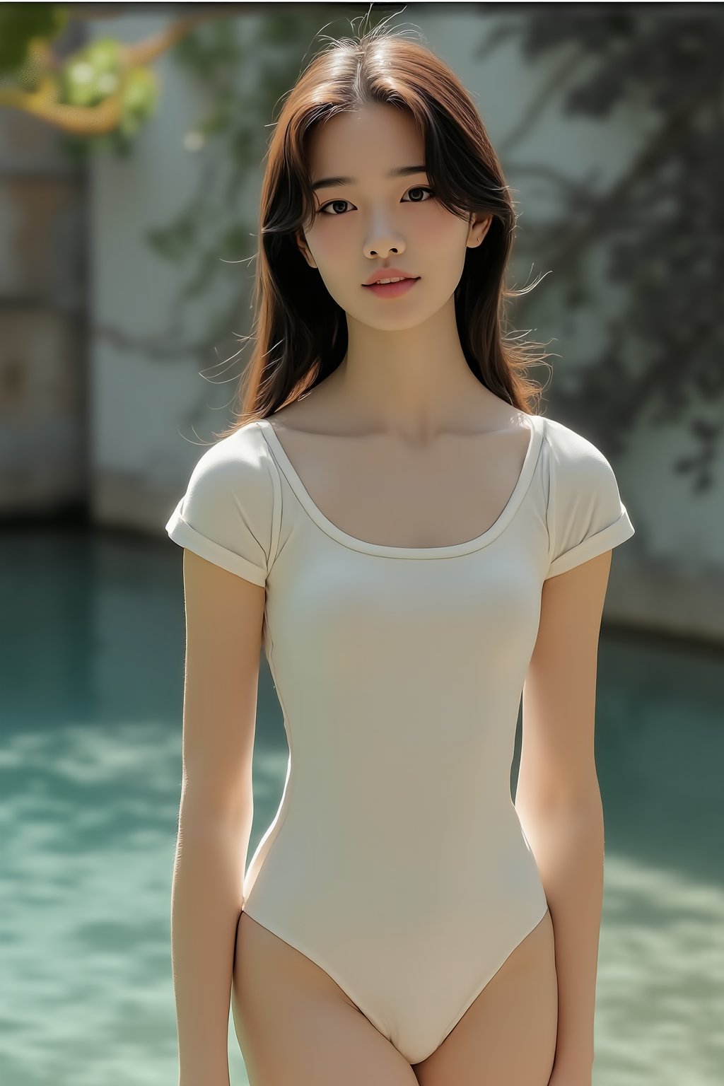 1girl, solo, long hair, flat chest, looking at viewer, black hair, standing, leotard, short sleeves, cowboy shot, outdoors, parted lips, water, blurry, lips, leotard, blurry background, realistic, white leotard, photo background, realistic, asian, (legs_open:1.5), (full_body:1.5)