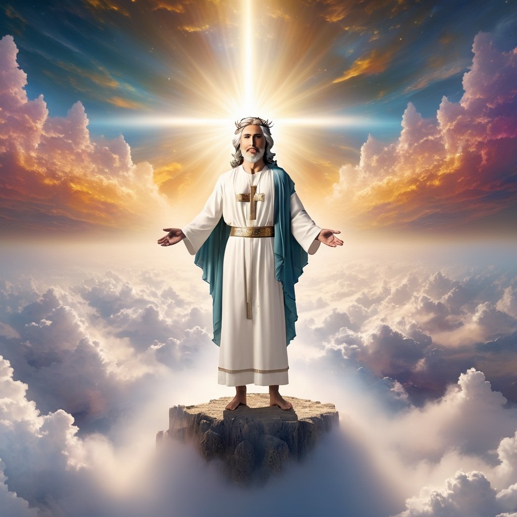 Male figure, background of a sea of clouds, clouds shaped like a throne, Jesus with outstretched arms embracing a little lamb.full body,famale,zen style, still film, cold color, l vibrant and volumetric light (masterpiece, top quality, best quality, official art, beautiful and aesthetic: 1.2), extremely detailed, (abstract, fractal art: 1.3), colorful hair, more detailed, detailed_eyes, 18 year old famale face, 3others, five fingers, perfect hands, anatomically perfect body, (black eyes), (gray hair), very headscarf hair, long white plain dress, white shorts, dynamic angle, depth of field, hyper detailed, highly detailed, beautiful, small details, ultra detailed, best quality, 4k,((full body)), face to jesus,photo r3al,Line Chibi yellow,lineart,LineAniAF