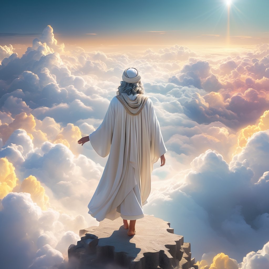 Male figure, background of a sea of clouds, clouds shaped like a throne, Jesus with outstretched arms embracing a little lamb.full body,famale,zen style, still film, cold color, l vibrant and volumetric light (masterpiece, top quality, best quality, official art, beautiful and aesthetic: 1.2), extremely detailed, (abstract, fractal art: 1.3), colorful hair, more detailed, detailed_eyes, 18 year old famale face, 3others, five fingers, perfect hands, anatomically perfect body, (black eyes), (gray hair), very headscarf hair, long white plain dress, white shorts, dynamic angle, depth of field, hyper detailed, highly detailed, beautiful, small details, ultra detailed, best quality, 4k,((full body)), face to jesus,photo r3al,Line Chibi yellow