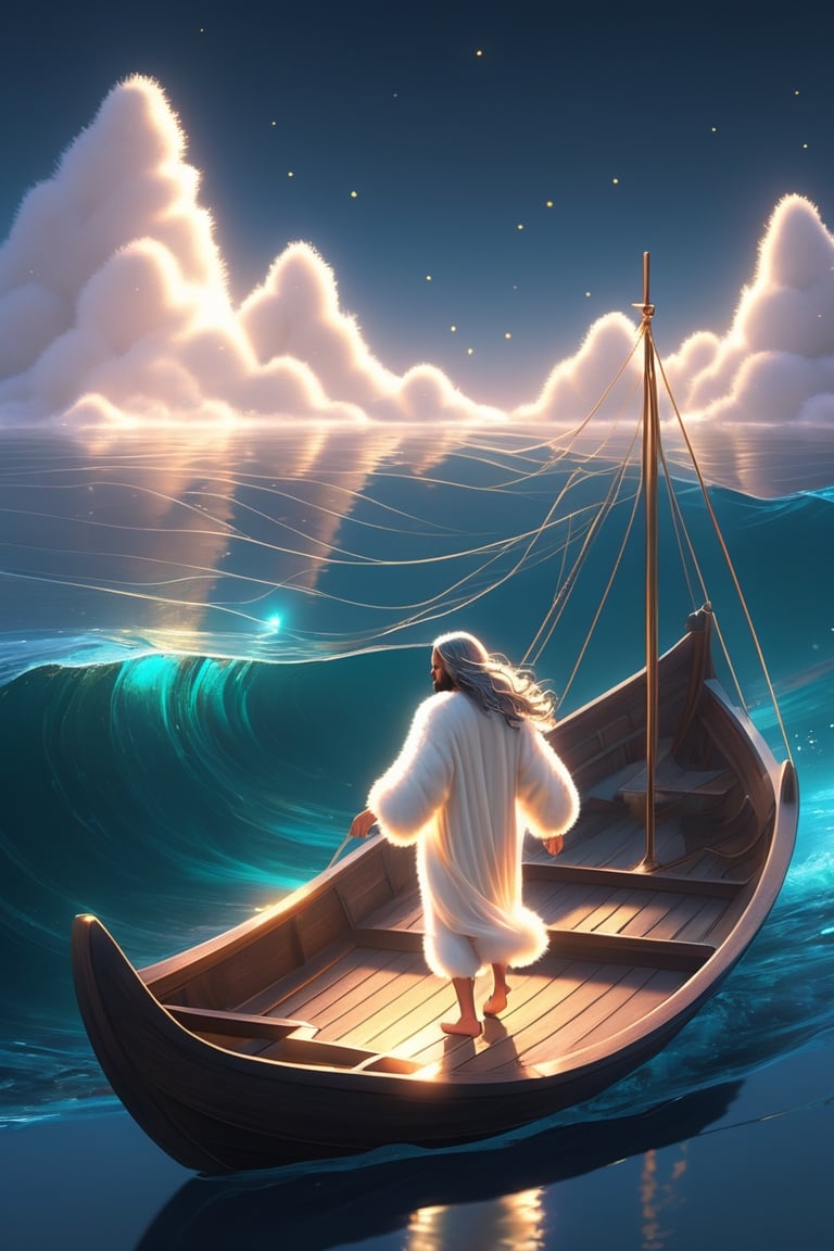 Jesus is walking towards the deep water while holding the hands of a little girl and a little boy,There is a boat nearby, and males is on the boat. The person on the sea,beautiful harp, male, full body, furry skin, fantasy, subsurface scattering, perfect anatomy, glow, bloom, bioluminescent liquid, zen style, still film, cold color, l vibrant and volumetric light (masterpiece, top quality, best quality, official art, beautiful and aesthetic: 1.2), extremely detailed, (abstract, fractal art: 1.3), colorful hair, more detailed, detailed_eyes, snowing, smoke bubbles, light particles, 33 year old famle face, perfect body, five fingers, perfect hands, anatomically perfect body, sexy posture, (black eyes), (gray hair), very long hair, long white fur sweater dress, white fur shorts, dynamic angle, depth of field, hyper detailed, highly detailed, beautiful, small details, ultra detailed, best quality, 4k,((full body)), face to jesus,photo r3al