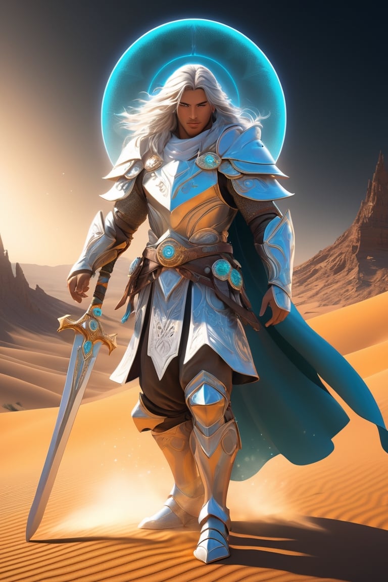 Warrior, wielding the sacred sword, righteous breastplate, helmet of salvation, humble cloak, belt of truth. The person on the desert, male, full body, furry skin, fantasy, subsurface scattering, perfect anatomy, glow, bloom, bioluminescent liquid, zen style, still film, cold color, l vibrant and volumetric light (masterpiece, top quality, best quality, official art, beautiful and aesthetic: 1.2), extremely detailed, (abstract, fractal art: 1.3), colorful hair, more detailed, detailed_eyes, snowing, smoke bubbles, light particles, 33 year old male face, perfect body, five fingers, perfect hands, anatomically perfect body, sexy posture, (black eyes), (gray hair), very long hair, long white simple dress, white shorts, dynamic angle, depth of field, hyper detailed, highly detailed, beautiful, small details, ultra detailed, best quality, 4k,((full body)), face to jesus,photo r3al