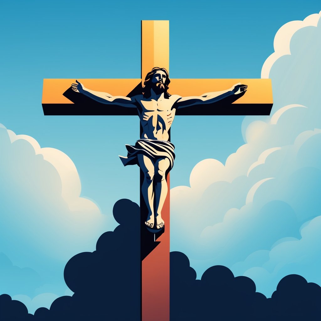 arafed image of a man on a cross with a sky background, a picture by Bernard Meninsky, shutterstock, unilalianism, jesus on the cross, jesus on cross, jesus christ on the cross, crucifixion, crucifix, shadow of the cross, jesus christ, the lord and savior, crucifixion of conor mcgregor, cross, holy,cute cartoon ,Flat vector art,Drawing of a little girl 