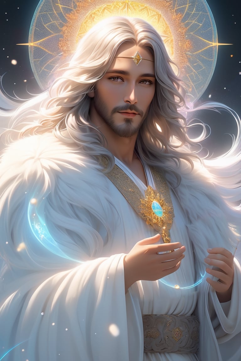 Jesus is walk ,milk and honey. The person on the desert,beautiful harp, male, full body, furry skin, fantasy, subsurface scattering, perfect anatomy, glow, bloom, bioluminescent liquid, zen style, still film, cold color, l vibrant and volumetric light (masterpiece, top quality, best quality, official art, beautiful and aesthetic: 1.2), extremely detailed, (abstract, fractal art: 1.3), colorful hair, more detailed, detailed_eyes, snowing, smoke bubbles, light particles, 33 year old male face, perfect body, five fingers, perfect hands, anatomically perfect body, sexy posture, (black eyes), (gray hair), very long hair, long white fur sweater dress, white fur shorts, dynamic angle, depth of field, hyper detailed, highly detailed, beautiful, small details, ultra detailed, best quality, 4k,((full body)), face to jesus,photo r3al