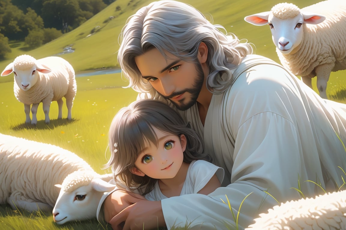 A grassland with a flowing stream in the background,Jesus hug my head with oil,The expressions are all joyful. white lamb,two person little children and father male ,full body, furry skin, fantasy, subsurface scattering, perfect anatomy, glow, bloom, bioluminescent liquid, zen style, still film, cold color, l vibrant and volumetric light (masterpiece, top quality, best quality, official art, beautiful and aesthetic: 1.2), extremely detailed, (abstract, fractal art: 1.3), colorful hair, more detailed, detailed_eyes,33 years old male face, perfect body, five fingers, perfect hands, anatomically perfect body, (black eyes), (gray hair), very long hair, long pool dress, white shorts, dynamic angle, depth of field, hyper detailed, highly detailed, beautiful, small details, ultra detailed, best quality, 4k,((full body)), face to lamb,photo r3al,sticker,Anime 