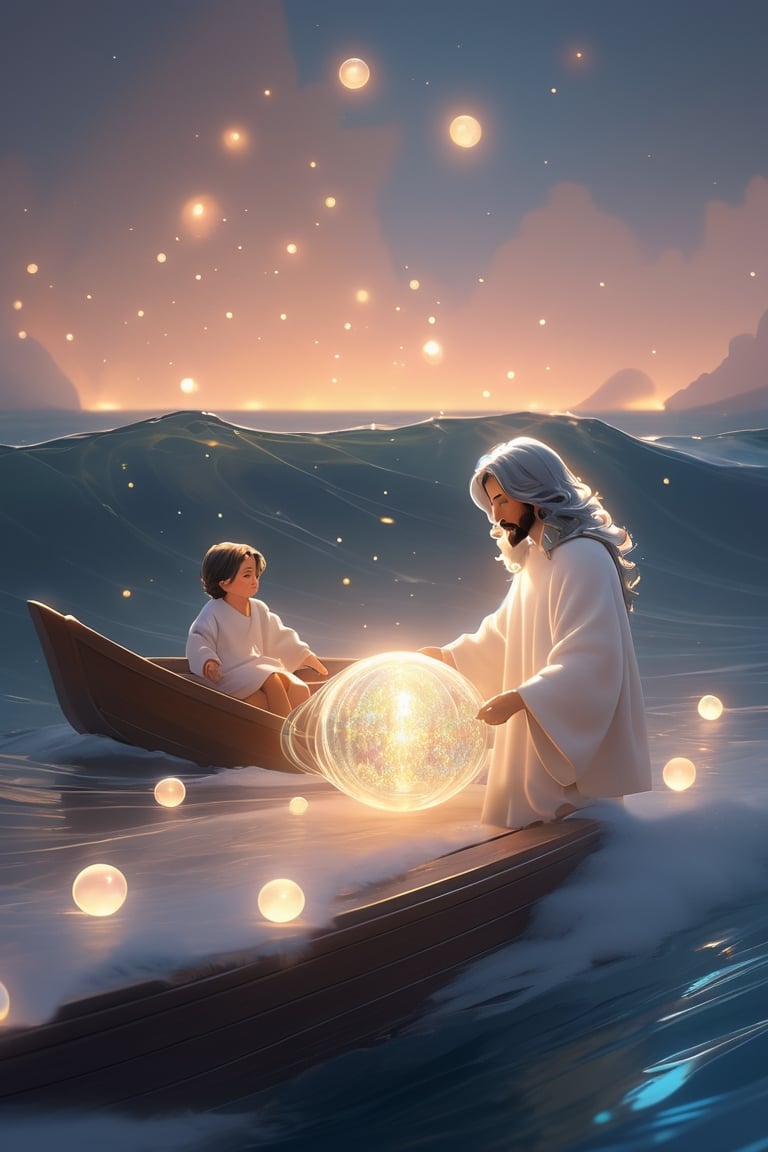 Jesus is holding the hands of a little girl and a little boy,There is a boat nearby, and males is on the boat. The person on the sea,beautiful harp, male, full body, furry skin, fantasy, subsurface scattering, perfect anatomy, glow, bloom, bioluminescent liquid, zen style, still film, cold color, l vibrant and volumetric light (masterpiece, top quality, best quality, official art, beautiful and aesthetic: 1.2), extremely detailed, (abstract, fractal art: 1.3), colorful hair, more detailed, detailed_eyes, snowing, smoke bubbles, light particles, 33 year old famle face, perfect body, five fingers, perfect hands, anatomically perfect body, sexy posture, (black eyes), (gray hair), very long hair, long white fur sweater dress, white fur shorts, dynamic angle, depth of field, hyper detailed, highly detailed, beautiful, small details, ultra detailed, best quality, 4k,((full body)), face to jesus,photo r3al