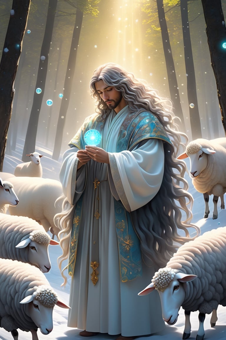 A sheep has gone missing. Shepherd. milk and honey. The person in The forest echoes with the songs of a hundred birds, male, full body, furry skin, fantasy, subsurface scattering, perfect anatomy, glow, bloom, bioluminescent liquid, zen style, still film, cold color, l vibrant and volumetric light (masterpiece, top quality, best quality, official art, beautiful and aesthetic: 1.2), extremely detailed, (abstract, fractal art: 1.3), colorful hair, more detailed, detailed_eyes, snowing, smoke bubbles, light particles, 33 year old male face, perfect body, five fingers, perfect hands, anatomically perfect body,  (black eyes), (gray hair), very long hair, long white simple dress, white shorts, dynamic angle, depth of field, hyper detailed, highly detailed, beautiful, small details, ultra detailed, best quality, 4k,((full body)), face to jesus,photo r3al