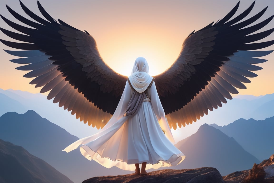 Eagle, standing, on the mountain peak, silhouette, wings drooped, gazing into the distance, sunrise,full body,famale,zen style, still film, cold color, l vibrant and volumetric light (masterpiece, top quality, best quality, official art, beautiful and aesthetic: 1.2), extremely detailed, (abstract, fractal art: 1.3), colorful hair, more detailed, detailed_eyes, 3 year old famale face, perfect body, five fingers, perfect hands, anatomically perfect body, (black eyes), (gray hair), very headscarf hair, long white plain dress, white shorts, dynamic angle, depth of field, hyper detailed, highly detailed, beautiful, small details, ultra detailed, best quality, 4k,((full body)), face to jesus,photo r3al