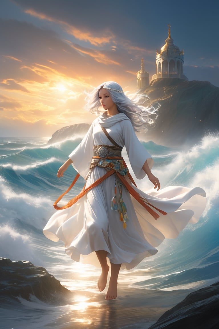 Warrior, wielding the sacred sword, righteous breastplate, helmet of salvation, humble cloak, belt of truth,eagle, hesitant to fly, feeling discouraged, towering waves, the ocean,full body,famale,zen style, still film, cold color, l vibrant and volumetric light (masterpiece, top quality, best quality, official art, beautiful and aesthetic: 1.2), extremely detailed, (abstract, fractal art: 1.3), colorful hair, more detailed, detailed_eyes, 3 year old famale face, perfect body, five fingers, perfect hands, anatomically perfect body, (black eyes), (gray hair), very headscarf hair, long white plain dress, white shorts, dynamic angle, depth of field, hyper detailed, highly detailed, beautiful, small details, ultra detailed, best quality, 4k,((full body)), face to jesus,photo r3al