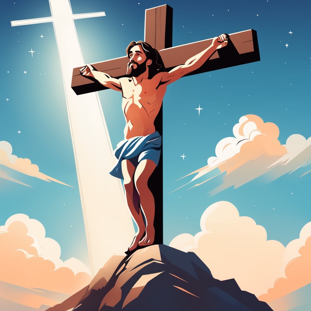 arafed image of a man on a cross with a sky background, a picture by Bernard Meninsky, shutterstock, unilalianism, jesus on the cross, jesus on cross, jesus christ on the cross, crucifixion, crucifix, shadow of the cross, jesus christ, the lord and savior, crucifixion of conor mcgregor, cross, holy,cute cartoon ,Flat vector art,Drawing of a little girl ,moonster