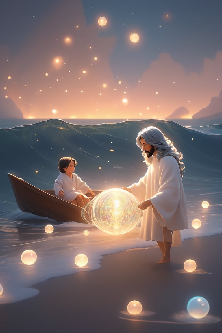 Jesus is holding the hands of a little girl and a little boy,There is a boat nearby, and males is on the boat. The person on the sea,beautiful harp, male, full body, furry skin, fantasy, subsurface scattering, perfect anatomy, glow, bloom, bioluminescent liquid, zen style, still film, cold color, l vibrant and volumetric light (masterpiece, top quality, best quality, official art, beautiful and aesthetic: 1.2), extremely detailed, (abstract, fractal art: 1.3), colorful hair, more detailed, detailed_eyes, snowing, smoke bubbles, light particles, 33 year old famle face, perfect body, five fingers, perfect hands, anatomically perfect body, sexy posture, (black eyes), (gray hair), very long hair, long white fur sweater dress, white fur shorts, dynamic angle, depth of field, hyper detailed, highly detailed, beautiful, small details, ultra detailed, best quality, 4k,((full body)), face to jesus,photo r3al