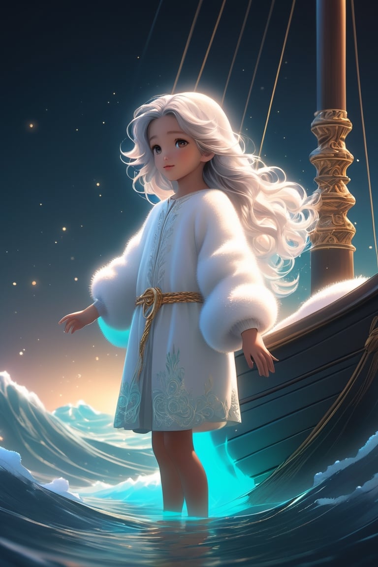 Jesus is holding the hands of a little girl and a little boy,There is a boat nearby, and males is on the boat. The person on the sea,beautiful harp, male, full body, furry skin, fantasy, subsurface scattering, perfect anatomy, glow, bloom, bioluminescent liquid, zen style, still film, cold color, l vibrant and volumetric light (masterpiece, top quality, best quality, official art, beautiful and aesthetic: 1.2), extremely detailed, (abstract, fractal art: 1.3), colorful hair, more detailed, detailed_eyes, snowing, smoke bubbles, light particles, 33 year old famle face, perfect body, five fingers, perfect hands, anatomically perfect body, sexy posture, (black eyes), (gray hair), very long hair, long white fur sweater dress, white fur shorts, dynamic angle, depth of field, hyper detailed, highly detailed, beautiful, small details, ultra detailed, best quality, 4k,((full body)), face to jesus,photo r3al