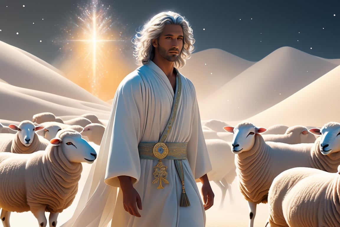 A sheep has gone missing. Shepherd. milk and honey. The person on the desert, male, full body, furry skin, fantasy, subsurface scattering, perfect anatomy, glow, bloom, bioluminescent liquid, zen style, still film, cold color, l vibrant and volumetric light (masterpiece, top quality, best quality, official art, beautiful and aesthetic: 1.2), extremely detailed, (abstract, fractal art: 1.3), colorful hair, more detailed, detailed_eyes, snowing, smoke bubbles, light particles, 33 year old male face, perfect body, five fingers, perfect hands, anatomically perfect body, sexy posture, (black eyes), (gray hair), very long hair, long white simple dress, white shorts, dynamic angle, depth of field, hyper detailed, highly detailed, beautiful, small details, ultra detailed, best quality, 4k,((full body)), face to jesus,photo r3al