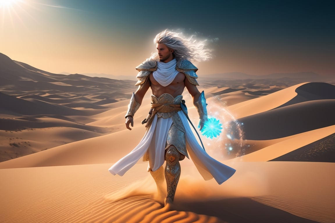 Warrior, wielding the sacred sword, righteous breastplate, helmet of salvation, humble cloak, belt of truth. The person on the desert, male, full body, furry skin, fantasy, subsurface scattering, perfect anatomy, glow, bloom, bioluminescent liquid, zen style, still film, cold color, l vibrant and volumetric light (masterpiece, top quality, best quality, official art, beautiful and aesthetic: 1.2), extremely detailed, (abstract, fractal art: 1.3), colorful hair, more detailed, detailed_eyes, snowing, smoke bubbles, light particles, 33 year old male face, perfect body, five fingers, perfect hands, anatomically perfect body, sexy posture, (black eyes), (gray hair), very long hair, long white simple dress, white shorts, dynamic angle, depth of field, hyper detailed, highly detailed, beautiful, small details, ultra detailed, best quality, 4k,((full body)), face to jesus,photo r3al