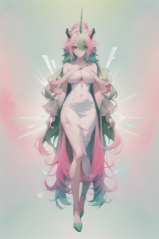 A domineering lady, she is gentle personality, ((long pink-blue green-Gradient-hair)), blue eyes, she has unicorn horn , full-body, ((very long_hair)), braided_hair, Big boobs, little white dress, white slip, multiple views of the same character,gemstone,watercolor (medium),