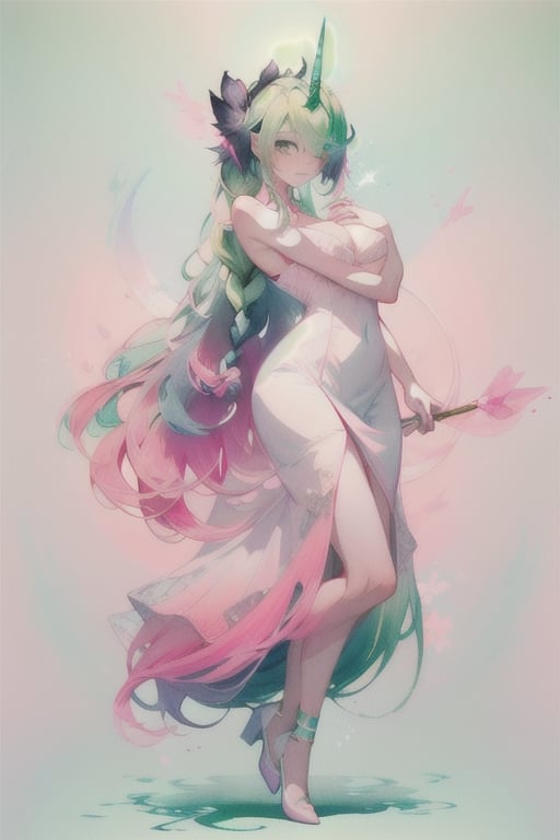 A domineering lady, she is gentle personality, ((long pink-blue green-Gradient-hair)), blue eyes, she has one unicorn horn , full-body, ((very long_hair)), braided_hair, Big boobs, white little dress, multiple views of the same character,gemstone,watercolor (medium),