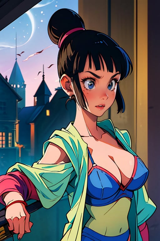 A beautiful young woman, 90s anime, 80s anime, dark colors, castlevania symphony of the night style, beserk style, vampire hunter d style, ghibli studio style, anime screencap, bloodborne style, castle, bra and panties, moon, night, ,chichi_dbz,and18,terrybogard