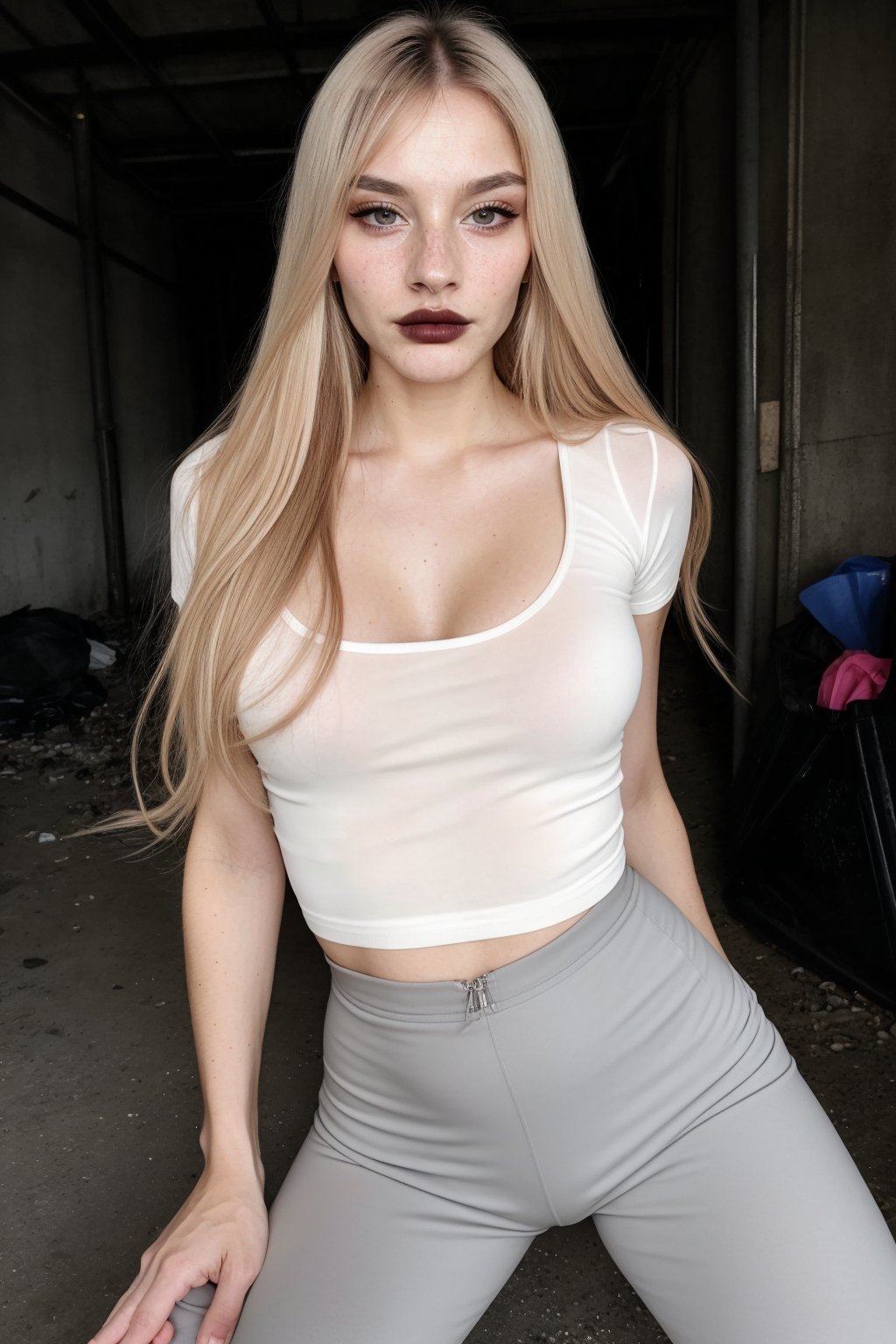 sluty 30  years old witch, glittery eyes, blonde straight hair, looking_at_viewer, perfect eyes, perfect skin (((white))), detailed skin, black sexy tshirt, she is in a concret basement full with trash background, black yoga pants,she stand up,Read description!,perfecteyes eyes (((browN))),small gab between legs