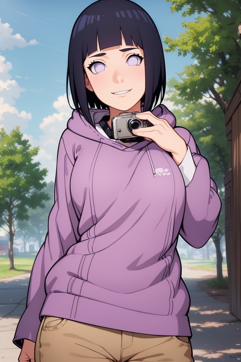 1girl, solo,Camera perspective from below, looking at viewer, short hair, bangs, black hair, long sleeves, purple eyes, thighs, shorts, outdoors, hood, blunt bangs, short shorts, hoodie, hood down, brown shorts, pink hoodie, hyuuga hinata,hinata(boruto) ,perfect light,hyuuga hinata ,smile,Details++,