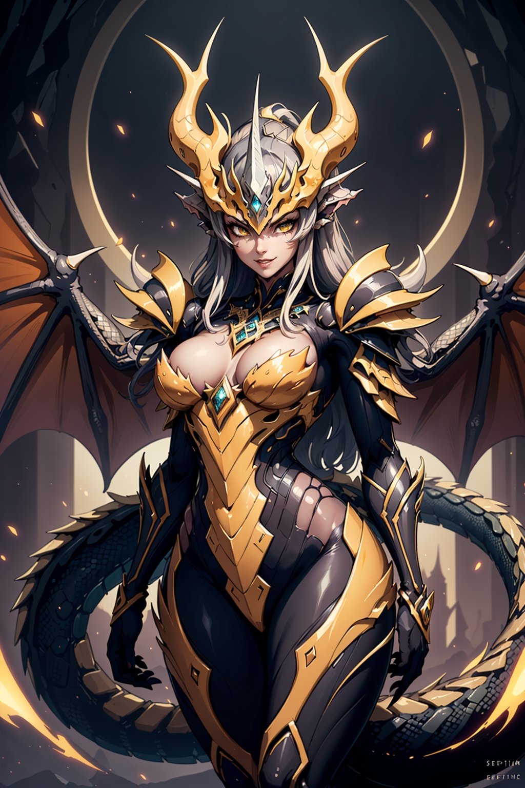 (Masterpiece: 1.4), (Dragon Queen), (Seductive Dragoness), (Fiery Amber Eyes: 1.4), (Perfectly Sculpted Dragon Body: 1.5), (Regal Armor of the Dragon Queen), (Adorned with Majestic Dragon Scales), (Ethereal Crimson Hair: 1.4, Interwoven with Fiery Gold Strands), Enchanted Dragon Lair, Majestic Entrance to the Dragon Kingdom, (Dragon Wings: 1.3), (Enchanting Eyes with Deeper Dragon Mystique), (Regal Horns in Divine Symmetry), (Ethereal Tail with Serpentine Grace), (Captivating Smile with Seductive Allure), (Radiant Teeth Glimmering Like Fiery Stars), (Dragon Hair Accessory Emitting Majestic Glow), (Majestic Frills Accentuating Dragon Elegance), (Elegant Regal Dress: 1.3, Woven with Dragon Scales), (Luminescent Gloves Illuminated by Majestic Energy), (Dynamic Dragon Pose: 1.5, Seductive and Regal), (Exposed Dragon Face: 1.4, Radiating Pure Dragon Beauty), (Pumpkin Enhancement Radiating Ethereal Glow), (Dragon Lair Background with Enchanting Ambiance), (Nocturnal Dragon Aura Creating Ethereal Night), (Regal Atmosphere Infused with Mystical Essence), (Digital Mystical Effects Enhancing Dragon Beauty), (Laser Focus Capturing Every Dragon Detail), (Layered Depth Creating a Dimensional Dragon Masterpiece), (Engaging Dragon Eye Contact Drawing Viewers into the Mystical World), (Majestic Dragon Cowboy Shot Displaying Unparalleled Grace), (Advanced Dragon Mystical Design: 1.4, Elevating Beyond Dragon Expectations), (Seductive Dragon Theme: 1.3, Infused with Dragon Harmony), (Ethereal Dragon Tone: 1.3, Elevating the Dragon Essence), (Luminescent Amber Tone: 0.9, Adding a Sublime Dragon Glow), (Shadowy Black Tone: 0.3, Enhancing the Mystical Dragon Contrast), (Digital Dragon Mystical Illustration of Unprecedented Dragon Perfection),Seraphina,WARFRAME,