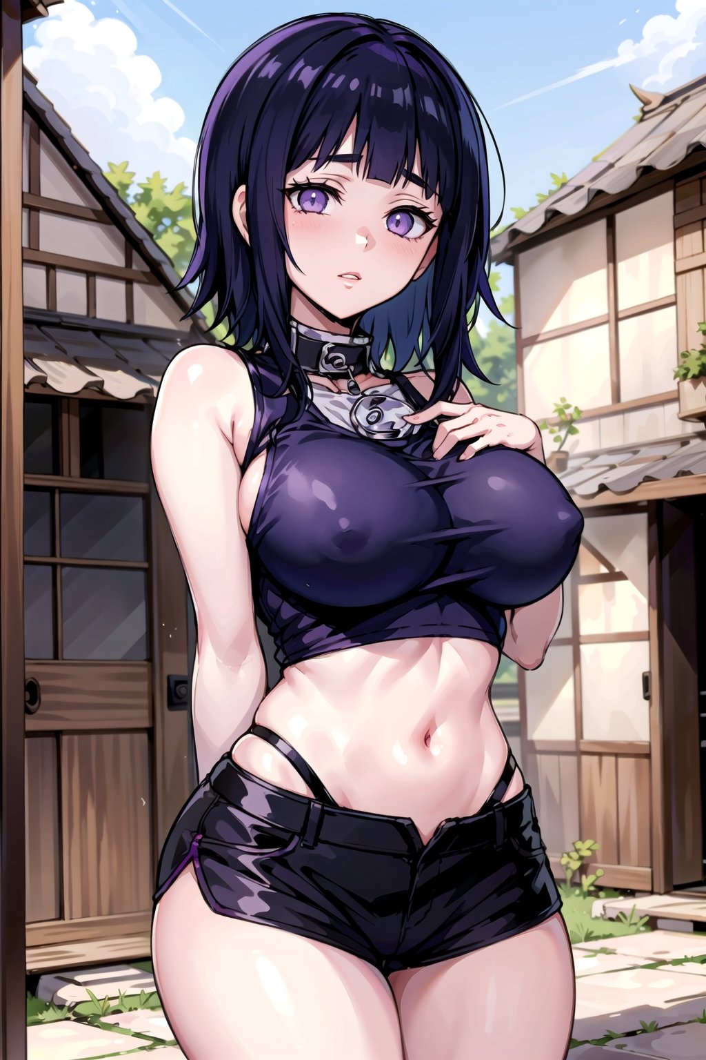 hinata\(boruto\), short hair, blue hair, purple top, black shorts, tight shorts, ample breasts, curvaceous, hands behind back, house scenery, btpt-fc,Hinata Hyuga,Hinata 