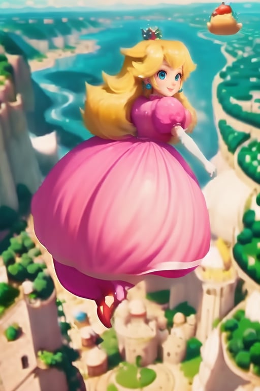 Peach_SMP, , memewaifu, 1girl, solo, dress, heels, curvy body, mushroom kingdom, castle, smile, masterpiece, highres, detailed foreground, mushroom field, jumping over a bridge,   ,princess_peach,Peach_SMP,floating in the air,xuer flies over,,<lora:659111690174031528:1.0>,<lora:659111690174031528:1.0>