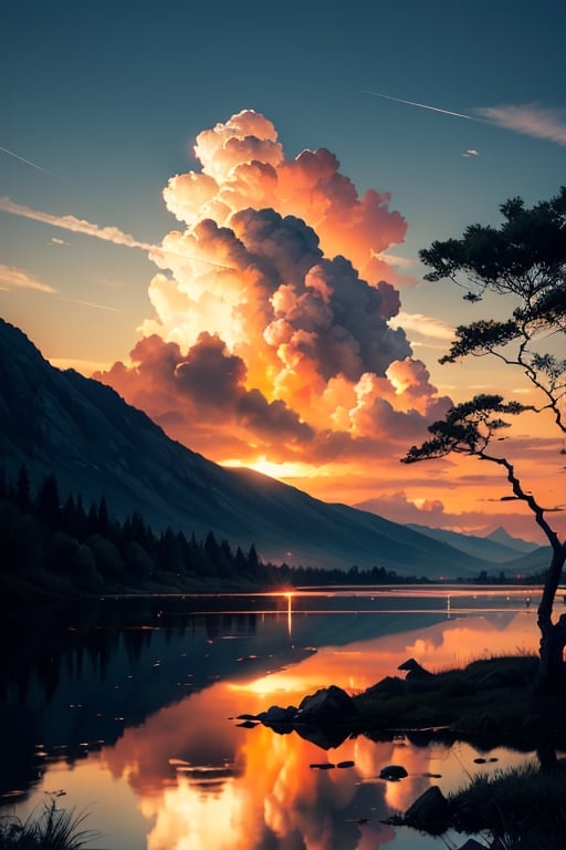 pic of a magnificent sunset over a mountainous landscape, where the high peaks are bathed in a golden light and the sky is painted with soft shades of orange and pink. The clouds extend in dramatic shapes, criando uma cena deslumbrante e serena. No primeiro plano, There is a tranquil lake reflecting the beauty of the sky, while silhouetted trees add a touch of mystery to the landscape. The balanced composition and vastness of nature captured in a convey a sense of calm and wonder at the grandeur of the natural setting. 