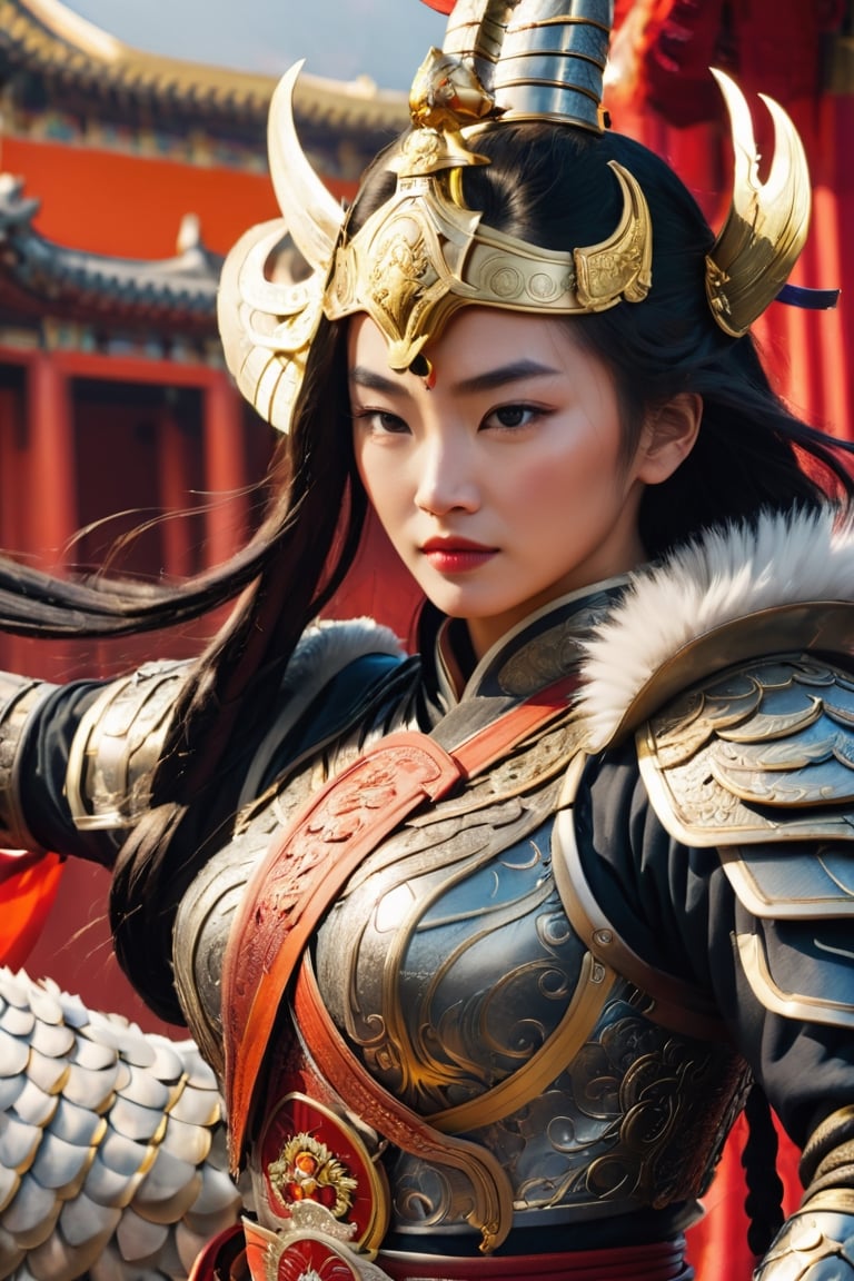 Mulan,  a women warrior with long dark braided hair,  wearing a detailed and intricate golden helmet by Proteo Caótico 2 o...