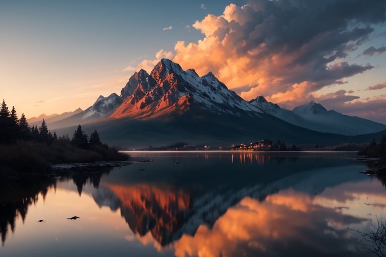 pic of a magnificent sunset over a mountainous landscape, where the high peaks are bathed in a golden light and the sky is painted with soft shades of orange and pink. The clouds extend in dramatic shapes, criando uma cena deslumbrante e serena. No primeiro plano, There is a tranquil lake reflecting the beauty of the sky, while silhouetted trees add a touch of mystery to the landscape. The balanced composition and vastness of nature captured in a convey a sense of calm and wonder at the grandeur of the natural setting. 