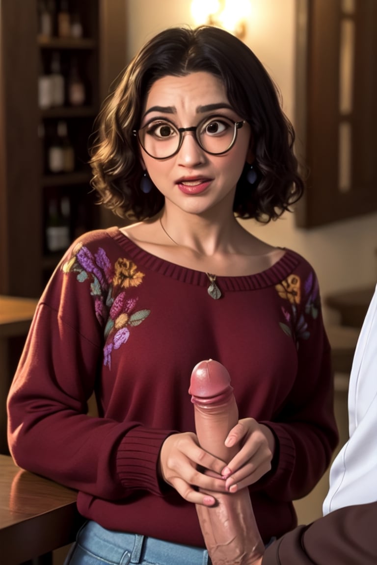 nsfw:1.3, MirabelST, mirabel madrigal, black open-chest sweater, glasses retrato de cuerpo entero, pechos grandes, sagging breasts, bebiendo vino tinto, fondo restaurante tradicional pelicula Encanto, lentes, Maribel Madrigal de Encanto, sonrisa sensual, viendo al espectador, ojos felinos, dinamic_pose:1.3, luz suave,, pants, penis grab, 