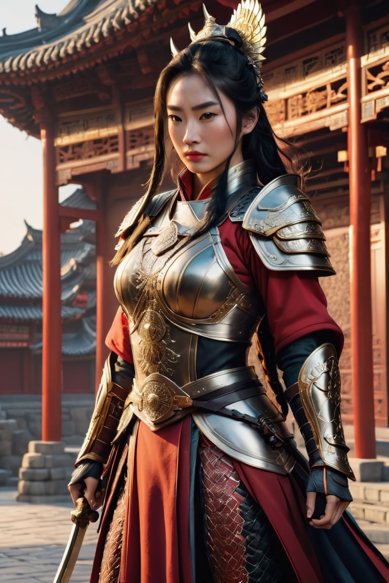 Mulan,  a women warrior with long dark braided hair,  wearing a detailed and intricate golden helmet by Proteo Caótico 2 o...