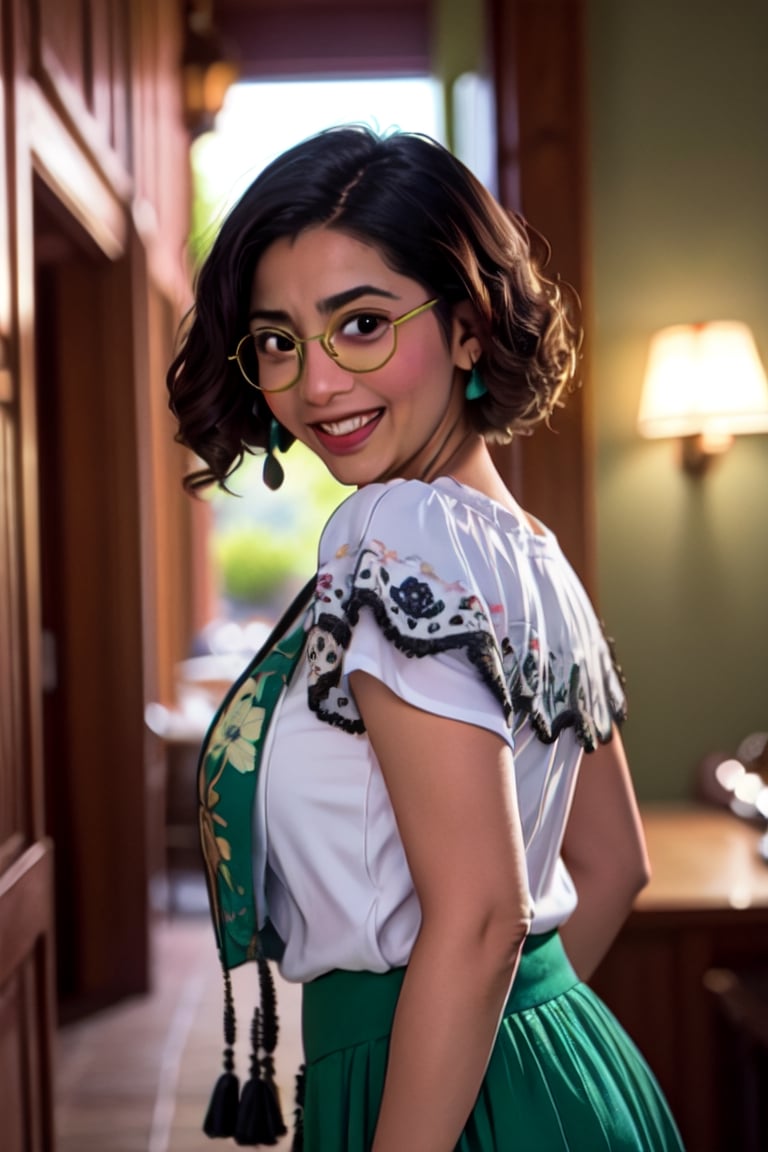 mirabel madrigal, white blouse, green skirt, glasses retrato de cuerpo entero, pechos grandes, comprando en mercado, fondo mercado tradicional pelicula Encanto, lentes, Maribel Madrigal de Encanto, sonrisa hermosa, dinamic_pose:1.3, viento:0.8, sunset,sagging breastsi,breast grab from behind