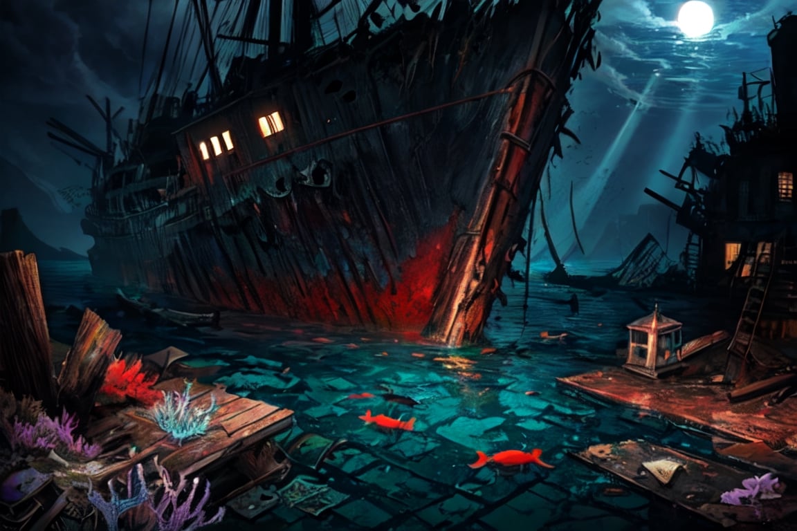 (stunning masterpiece: 1.3), ((12k HDR)), ((under water)), A photo of a marine scientist diver studying remains of a ship, the keel is sunk to the bottom, the ship is split in half, Creatures of Deep waters that inhabit the area, adding to the ominous atmosphere, Lurk in the shadows, Inside and outside the twisted metal wreckage. The colors of the place are muted and gloomy, with rusty metal and rotting wood creating a sense of decay and neglect. Although the surface of the water is calm, ((sun rays)), ((Brilliant diamond splatter)), swirl of air bubbles, sharp focus, intricate detail, high detail, digital art, bright beautiful splatter, sparkling, stunning digital art, interspersed with vibrant colors and surreal fantasy lighting, super detail, digital photography, 8k, sharp focus, ,no_humans