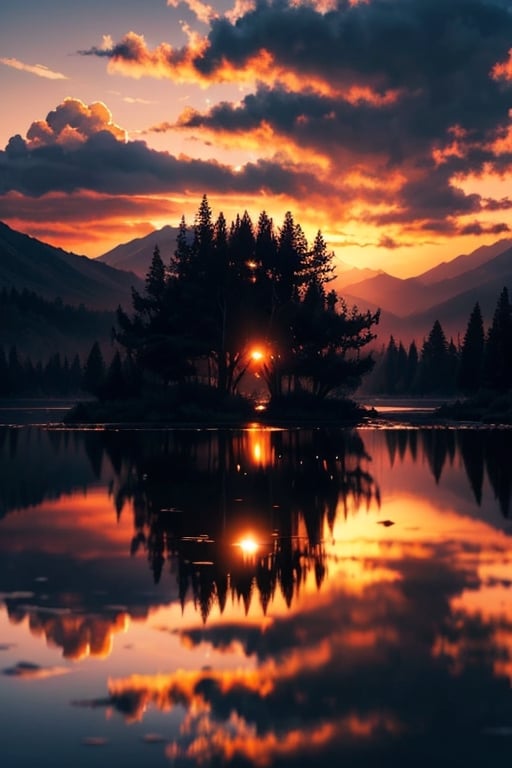 pic of a magnificent sunset over a mountainous landscape, where the high peaks are bathed in a golden light and the sky is painted with soft shades of orange and pink. The clouds extend in dramatic shapes, criando uma cena deslumbrante e serena. No primeiro plano, There is a tranquil lake reflecting the beauty of the sky, while silhouetted trees add a touch of mystery to the landscape. The balanced composition and vastness of nature captured in a convey a sense of calm and wonder at the grandeur of the natural setting. 